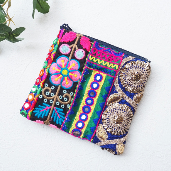 限定1点】インド刺繍リボンのミニポーチ（インド刺繍/リボン