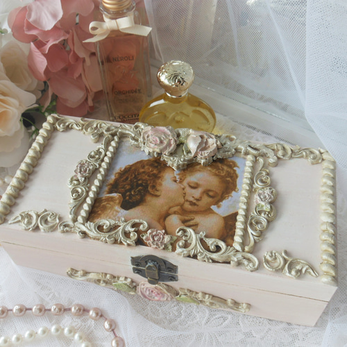 天使柄 デコパージュ 木製ジュエリー ボックス