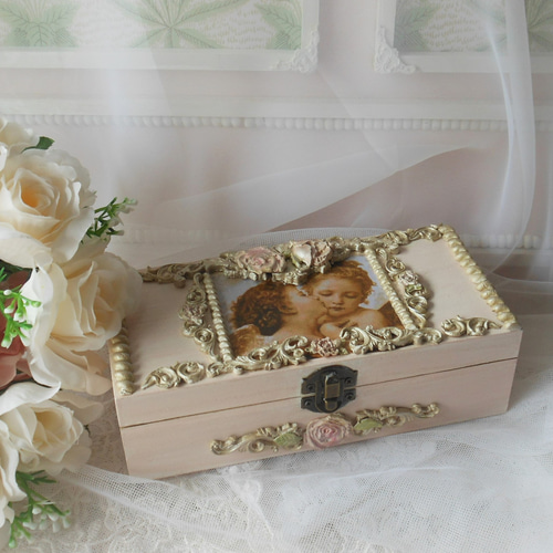 天使柄 デコパージュ 木製ジュエリー ボックス