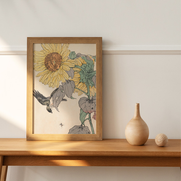 【NO.465】ひまわりと雀の花鳥図日本画アートポスター☆夏黄色和室浮世絵和柄ボタニカル植物A3A2A1B5B4B3B2 13枚目の画像
