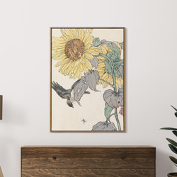 【NO.465】ひまわりと雀の花鳥図日本画アートポスター☆夏黄色和室浮世絵和柄ボタニカル植物A3A2A1B5B4B3B2 1枚目の画像