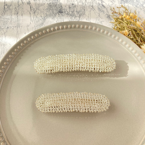 ヘアアクセサリー バレッタ シルバー 大きめ レース スクエア ビーズ