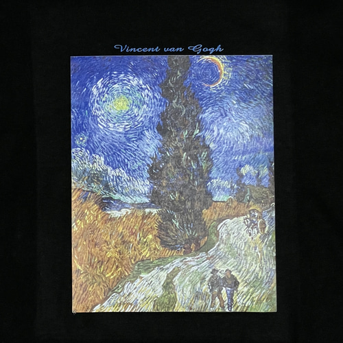 ゴッホ 糸杉と星の見える道 綿5.6オンスTシャツ 黒 SMLサイズ