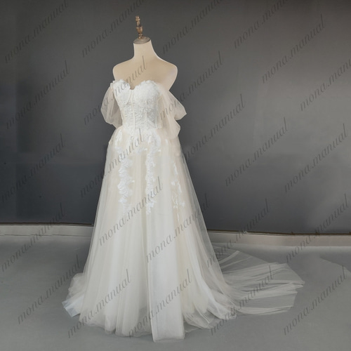オフショルダー ウェディングドレス Aライン 二次会 結婚式 前