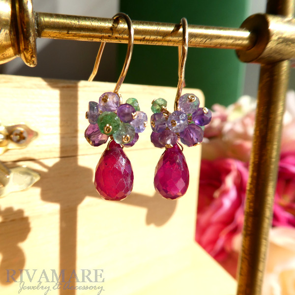 大粒10ｍｍ 宝石質マダガスカル産ルビー コロンビア産エメラルド ザンビア産エメラルド タンザナイト アメジスト ピアス