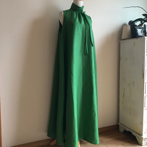 ハンドメイド 人気作家 フレンチリネンハイネックフレアマキシワンピース 黒 フレンチリネン（チャコールグレー）で作ったハイネックフレア