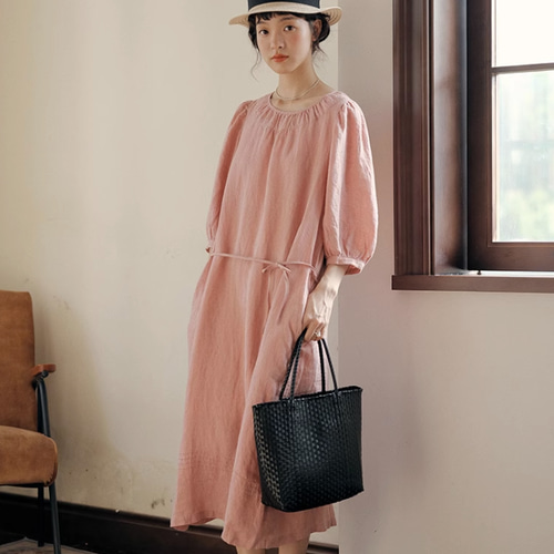 リネンワンピース ロングワンピース 5分袖 ワンピース hellodream 通販