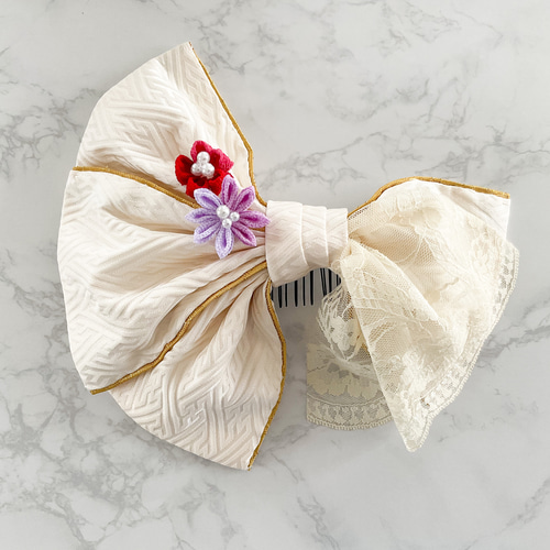 和装髪飾り ビッグリボン つまみ細工 コーム付 レース ヘッドドレス