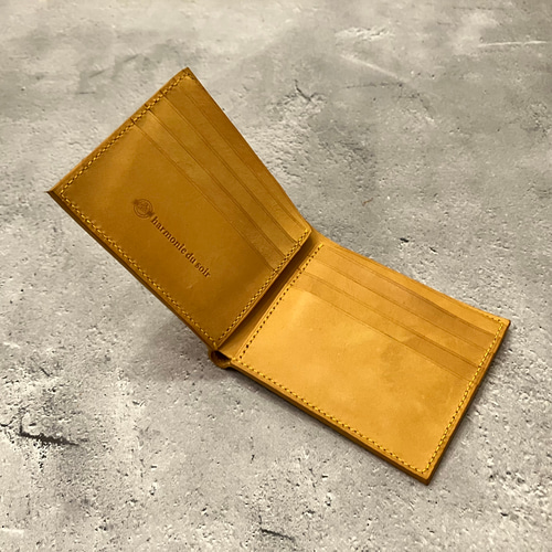二つ折り財布 スクラッチレザー イエロー 手縫い 二つ折り財布