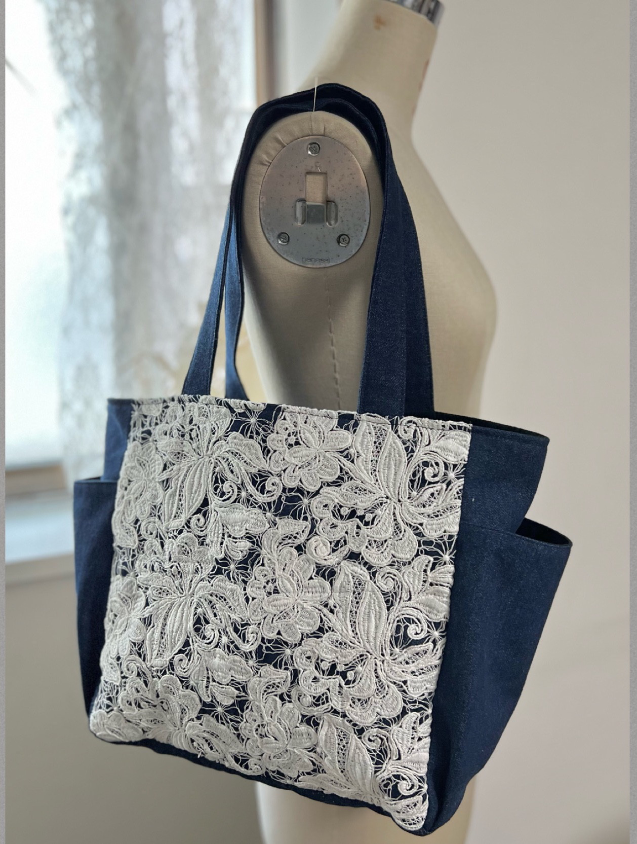 ❤️イタリア製まくらめレース❤️デニム❤️サイドポケットのA4バック❤️最高級レース❤️黒オックスでも可