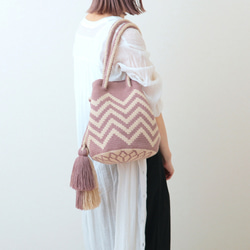 2WAY ワユーバッグ "CHEVRON" モーヴピンク ショルダーバッグ 巾着バッグ 手編みバッグ クロッシェバッグ 10枚目の画像