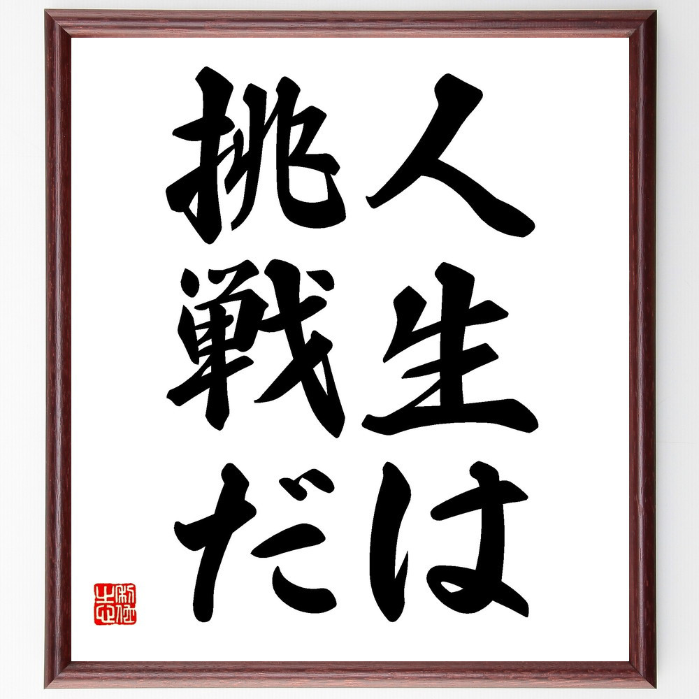 名言「人生は挑戦だ」手書き書道色紙額／受注後の毛筆直筆（V2449）
