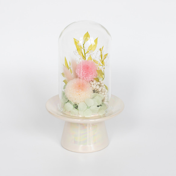 パステルカラーのかわいいガラスドームの仏花（ピンクのマム）／プリザーブドフラワーアレンジ 5枚目の画像