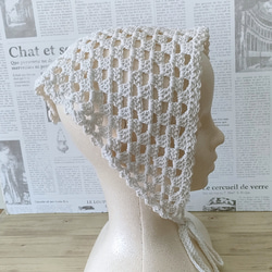 バブーシュカ　大人　かわいい　スカーフ　ヘッドドレス　ヘアバンド　かぎ針編み　手編み　三角巾　バンダナ　クロシェ　白 4枚目の画像