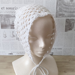 バブーシュカ　大人　かわいい　スカーフ　ヘッドドレス　ヘアバンド　かぎ針編み　手編み　三角巾　バンダナ　クロシェ　白 3枚目の画像