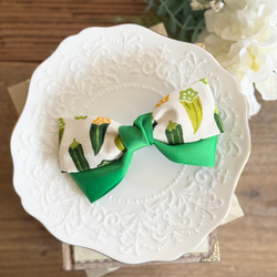 オクラ リボンヘアアクセサリー バレッタ ポニーフック クリップ リボンゴム 個性的 グリーン 10枚目の画像