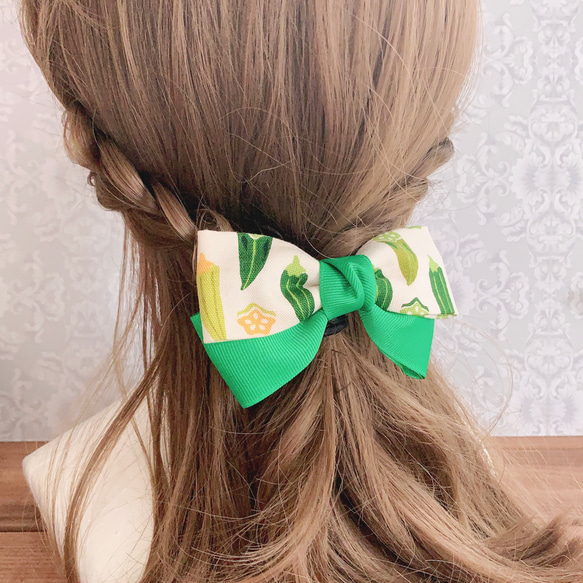 オクラ リボンヘアアクセサリー バレッタ ポニーフック クリップ リボンゴム 個性的 グリーン 6枚目の画像