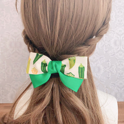 オクラ リボンヘアアクセサリー バレッタ ポニーフック クリップ リボンゴム 個性的 グリーン 5枚目の画像