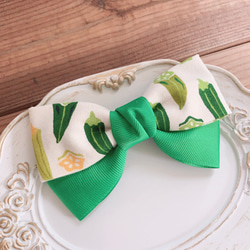 オクラ リボンヘアアクセサリー バレッタ ポニーフック クリップ リボンゴム 個性的 グリーン 4枚目の画像