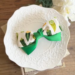 オクラ リボンヘアアクセサリー バレッタ ポニーフック クリップ リボンゴム 個性的 グリーン 11枚目の画像