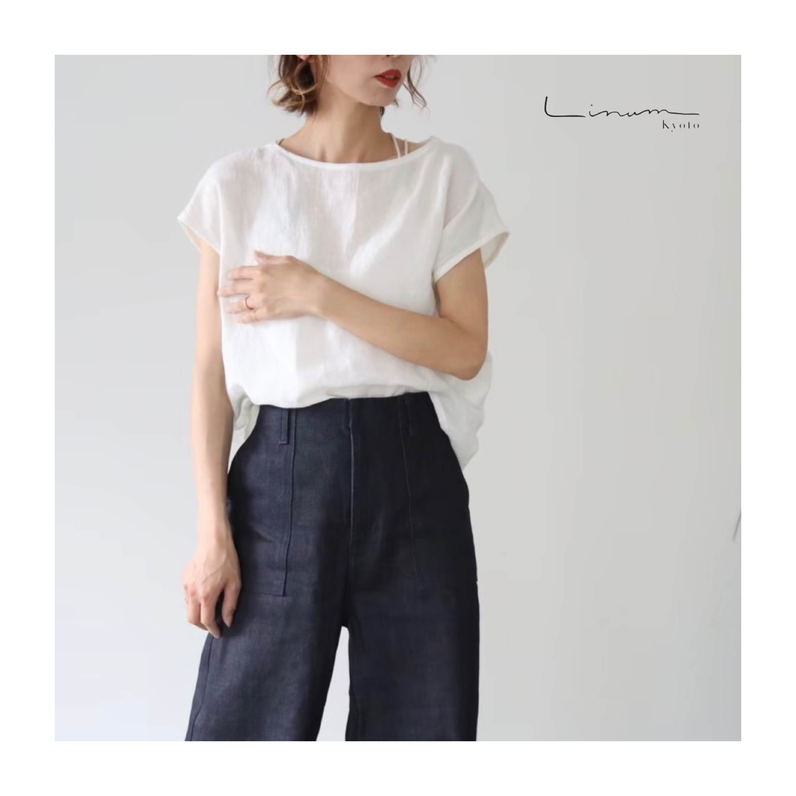 バックくるみボタンがアクセント／くったりベルギーリネンブラウス／オフホワイト／linum jean