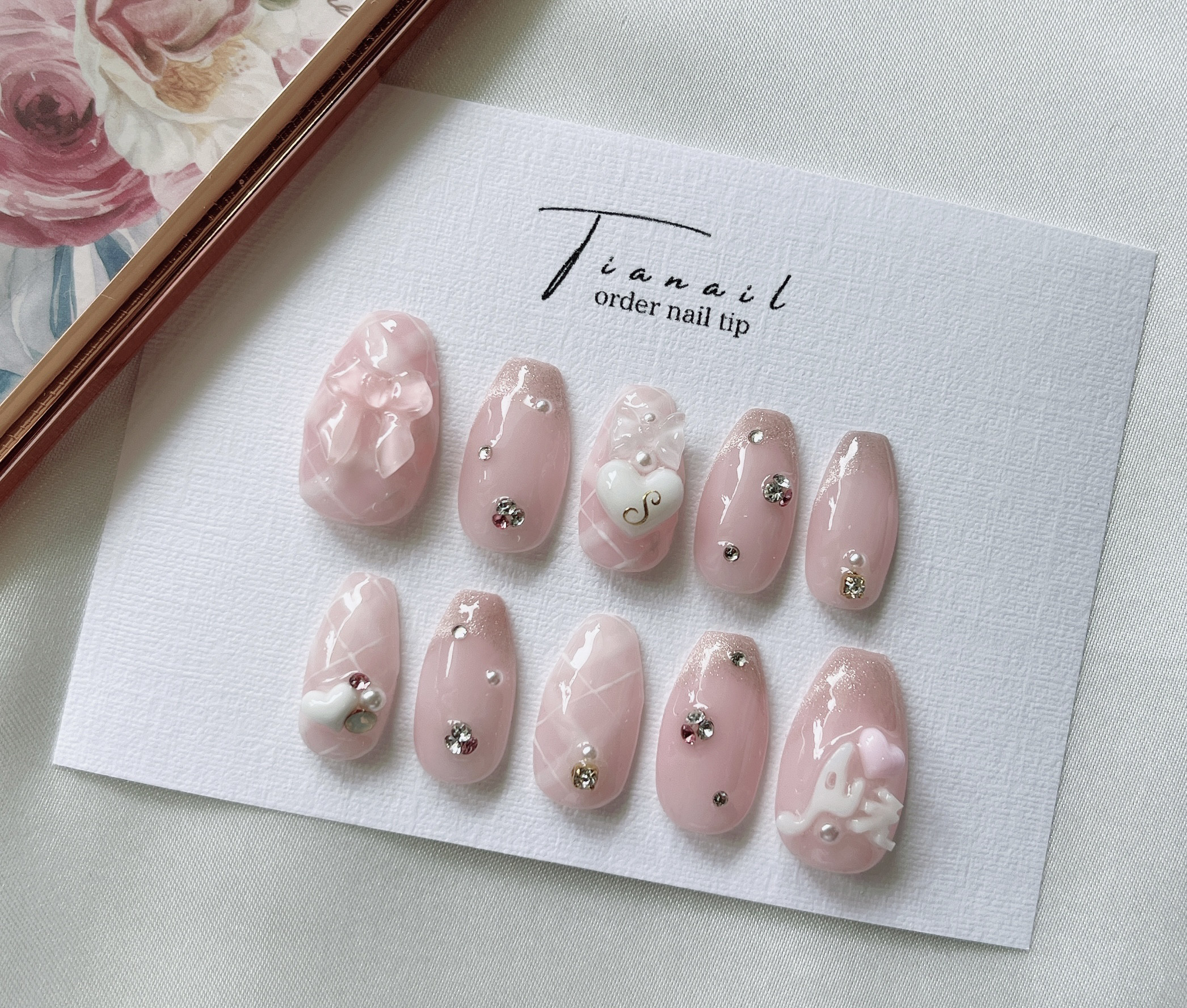 【No.008】ピンク系ネイルチップ♡チェック柄♡イニシャルシール50円 0_9b279dc2a15c81f97368756c2558