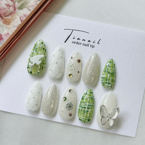 ネイルチップ 量産型 緑 ガーリー ツイードネイル オーダーネイル