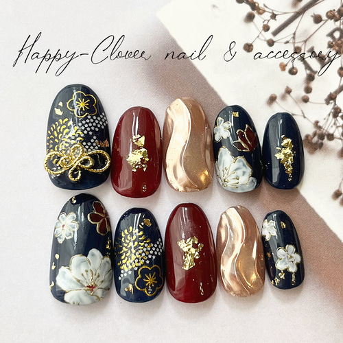和柄ネイルチップ 紺の花模様のお着物ネイル 結婚式 成人式 卒業式 前  