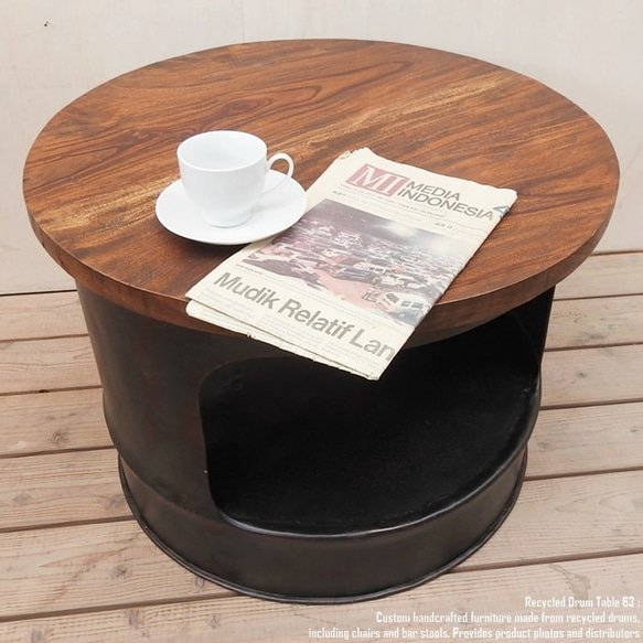 ドラム缶をリメイクしたテーブル 63cm ラウンド 黒 ブラック センターテーブル コーヒーテーブル ローテーブル 木 18枚目の画像