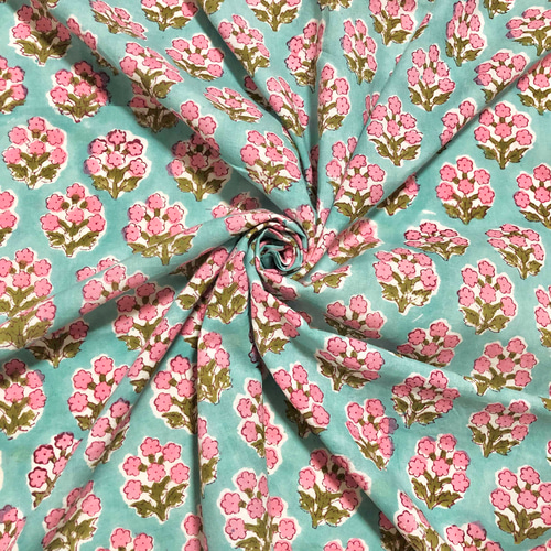 50cm単位】グリーンブルーピンクフラワー インド ハンドブロック