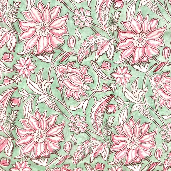 【50cm單位】淡綠色粉紅白花印度手工塊印花布料棉質 第3張的照片