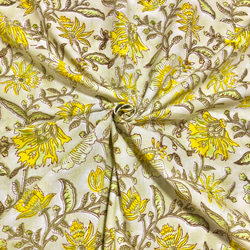【50cm單位】黃灰石灰黃花印度手工版畫布料棉質 第1張的照片