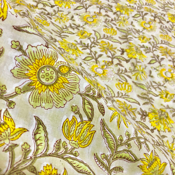 【50cm單位】黃灰石灰黃花印度手工版畫布料棉質 第5張的照片