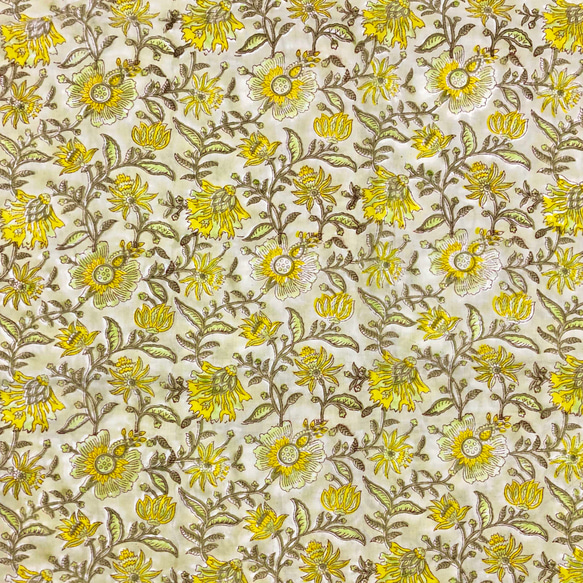 【50cm單位】黃灰石灰黃花印度手工版畫布料棉質 第4張的照片