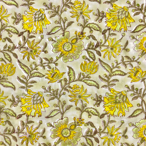 【50cm單位】黃灰石灰黃花印度手工版畫布料棉質 第3張的照片