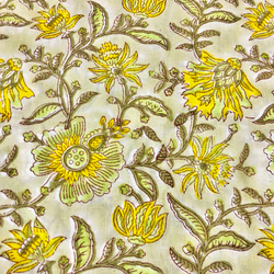 【50cm單位】黃灰石灰黃花印度手工版畫布料棉質 第2張的照片