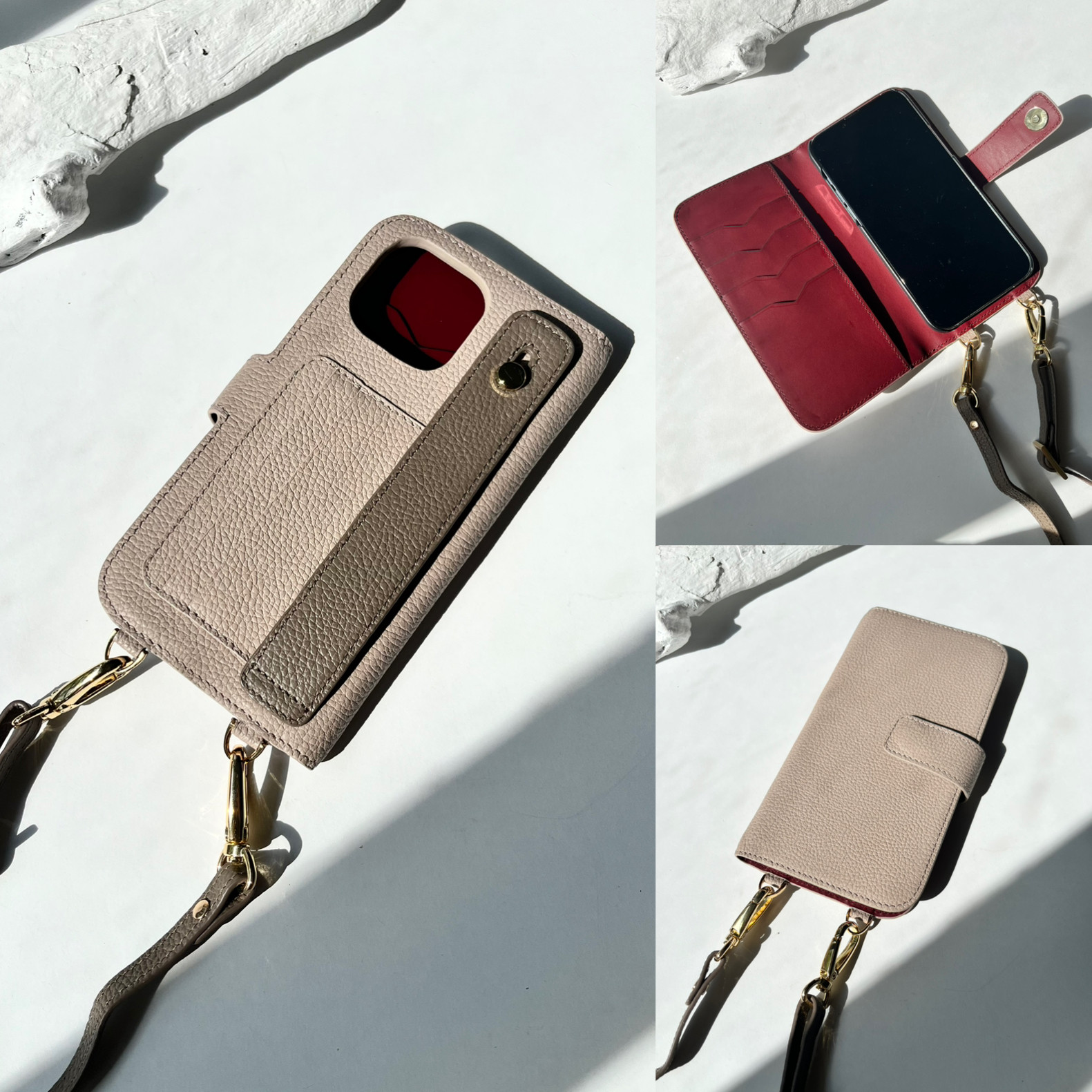 手帳型スマホケース　バイカラーレザー　名入れ無料　ショルダー付き　イニシャルが入れられる　IPHONEケース
