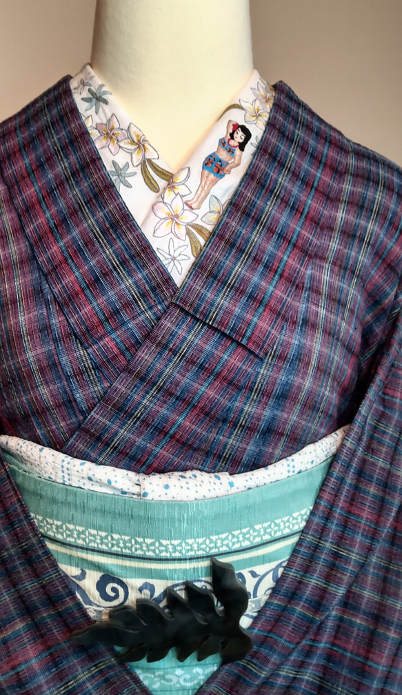 麻混  手刺繍半襟  トロピカル・フラガール  衣紋にカクテル 8枚目の画像