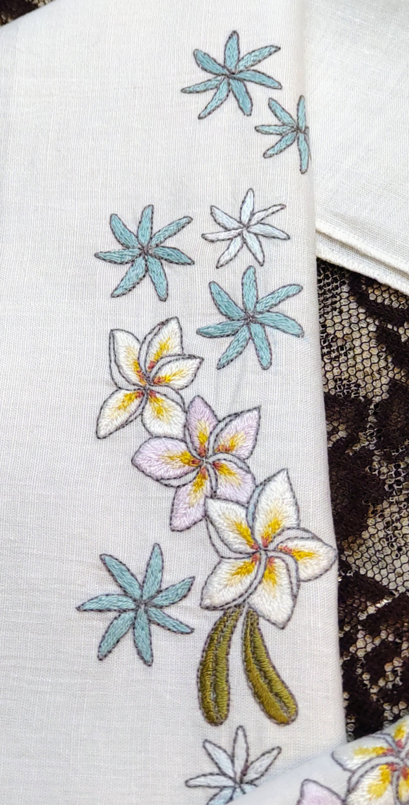 麻混  手刺繍半襟  トロピカル・フラガール  衣紋にカクテル 3枚目の画像