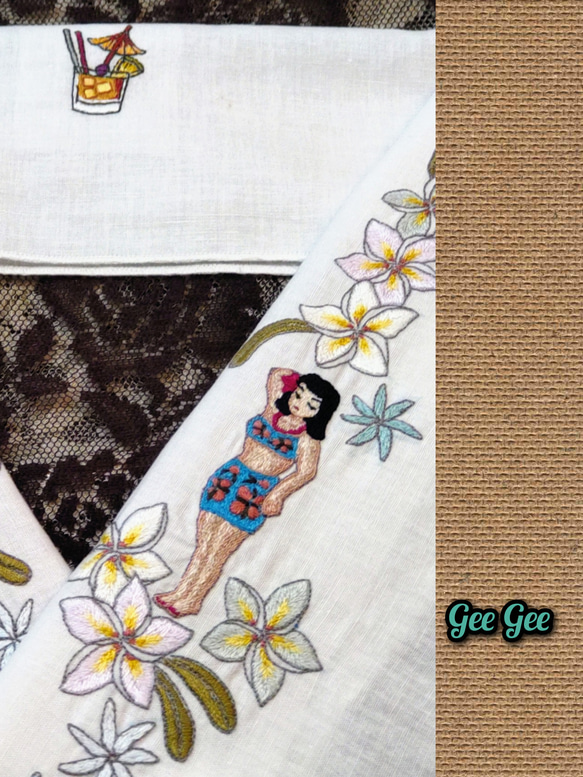 麻混  手刺繍半襟  トロピカル・フラガール  衣紋にカクテル 2枚目の画像