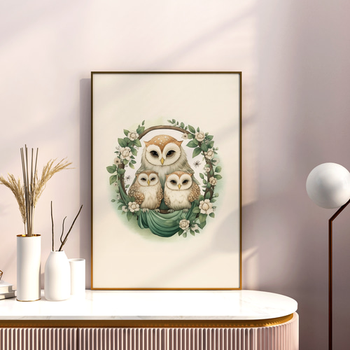 仲良しフクロウ親子 A4ポスター｜水彩画・おしゃれ・シンプル・アート