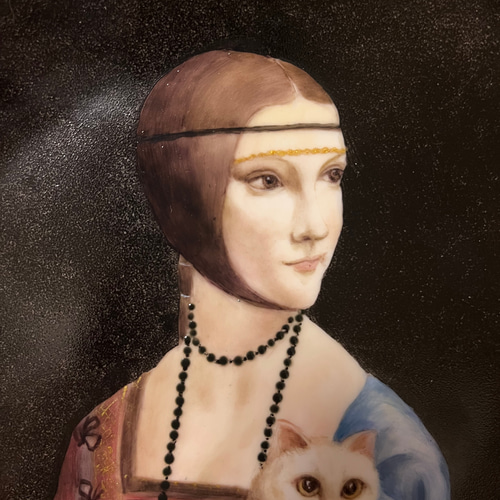 白猫を抱く貴婦人 手描きの絵皿 レオナルド・ダ・ヴィンチ 絵画 neko