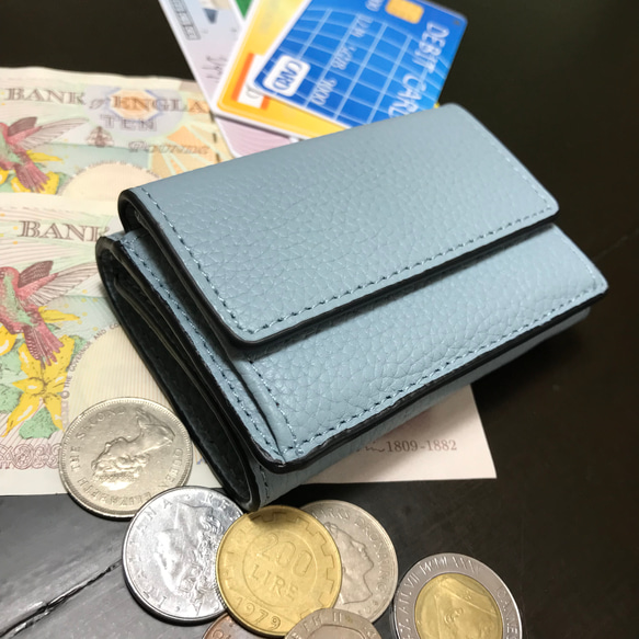 牛革☆3折れ☆ミニ財布☆ライトブルー☆極小サイズでも収納力もある使い易いお財布です。小さい財布☆コンパクト☆ブルーグレー 1枚目の画像