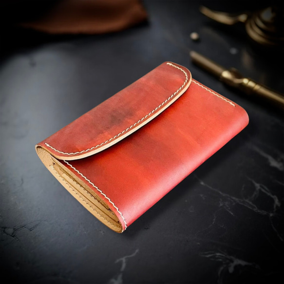 総手縫い ミドルウォレット 財布 フルレザー 本革 牛革 ヌメ革 革財布 経年変化を楽しむ ミドルウォレット 総手縫い 三つ折り 財布