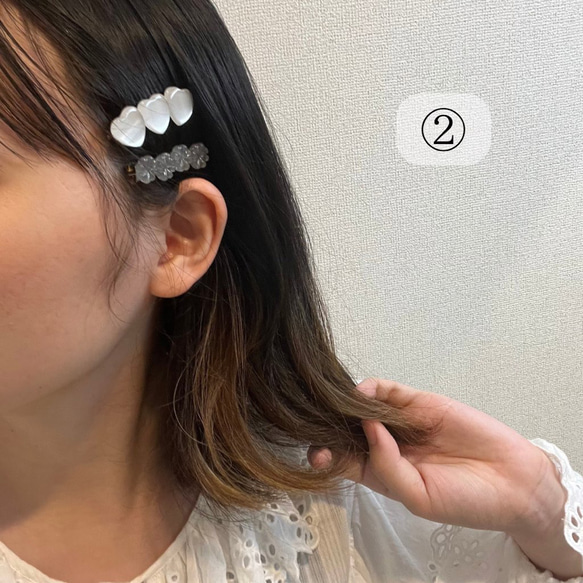 グレー × ホワイト の ハート ヘアピン ヘアクリップ フラワー 花 レジン ガーリー キッズ 子供 ベビー #89 5枚目の画像