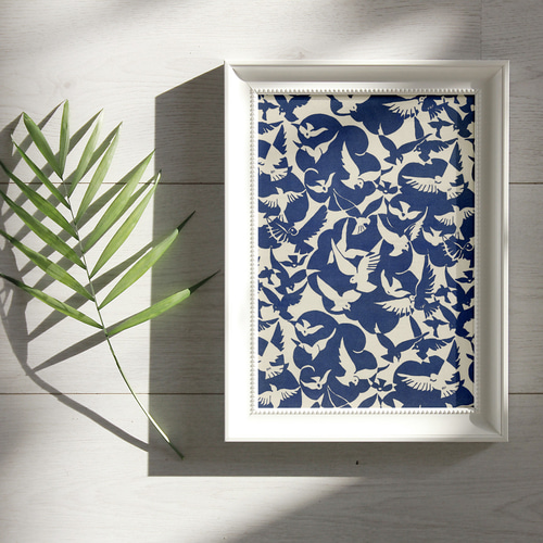 NO.467】ハト柄のイラストアートポスター☆紺色ネイビー北欧チュラル