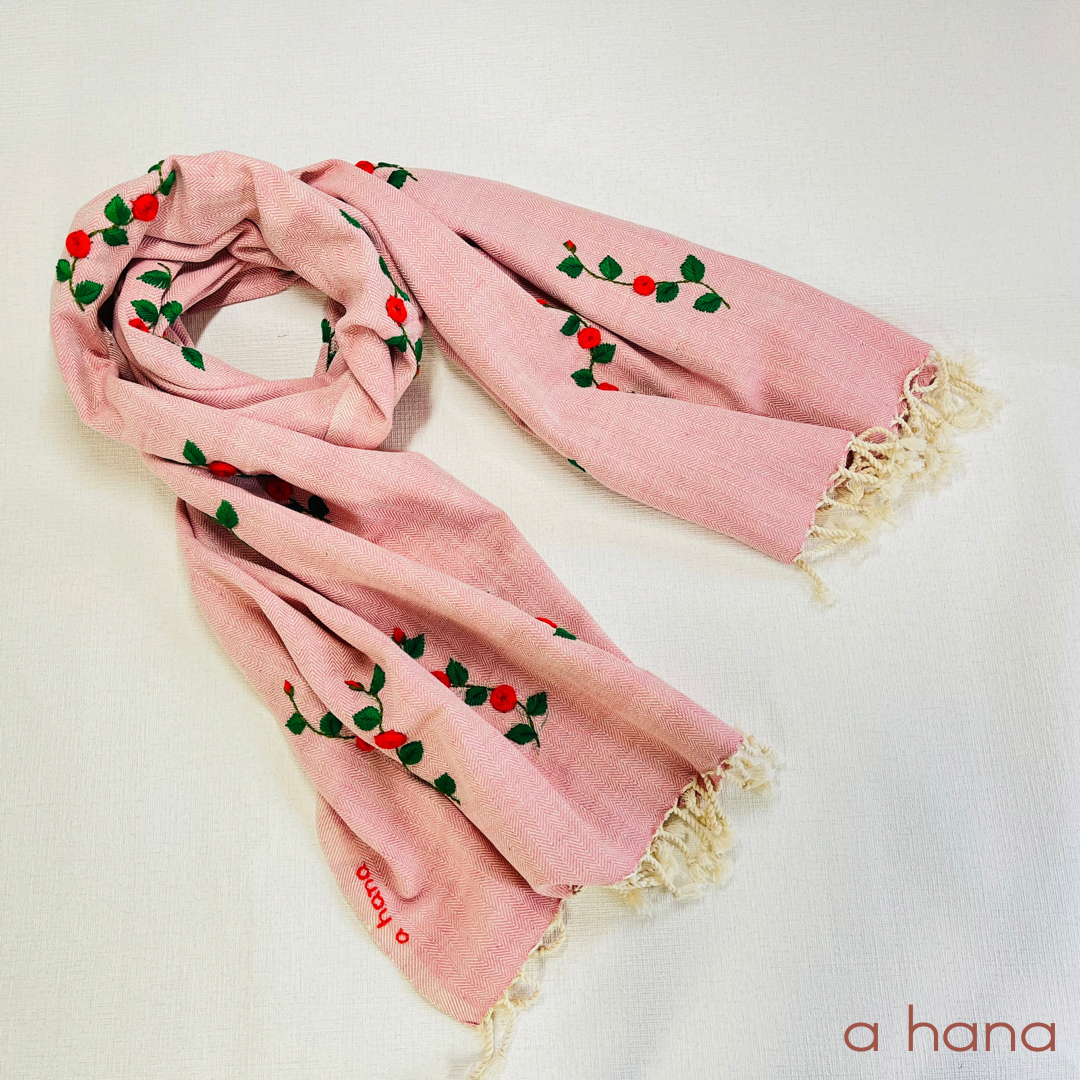 【期間限定セール中】花刺繍コットンストール 【ローズ・ピンク】