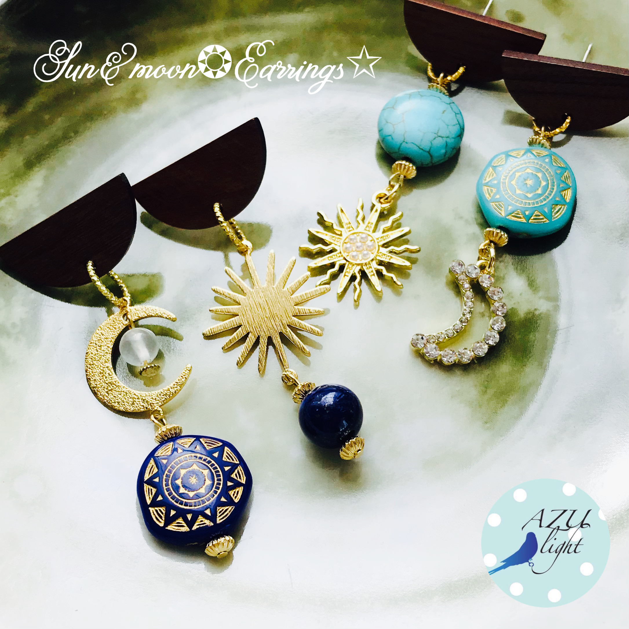 【12月誕生石✴︎幸運を招き、強運を引き寄せる✴︎邪念の一掃】ラピスラズリ×セレナイト×太陽と月のアシンメトリーピアス