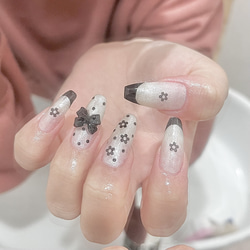 お急ぎ便A ネイルチップ 量産型 水色 シンプル チェック柄 ワンホン リボン No.63】水色ワンホン♡ネイルチップ リボン フレンチ ガーリー