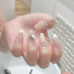 No.45】大人っぽ♡ワンホン ビジュー フレンチ ネイルチップ ワンホン